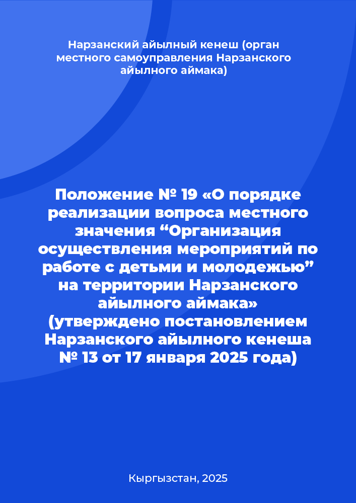 Regulation No. 19 “On the Procedure for Implementing the Local Significance Issue ‘Organization of Activities for Work with Children and Youth’ in the Narzan Aiyl Aimak” (approved by Resolution of the Narzan Aiyl Kenesh No. 13 of 17 January 2025)