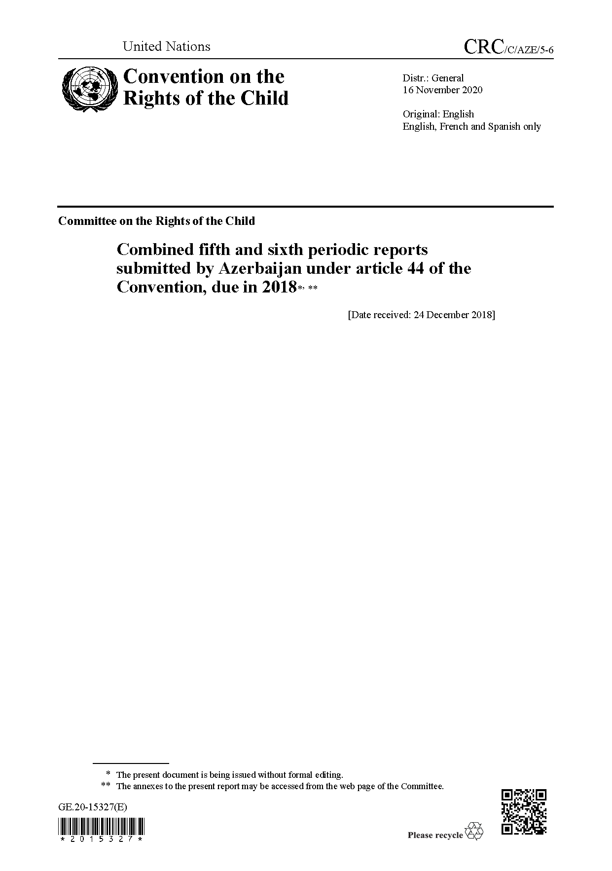 Совместные пятый и шестой периодические доклады, представленные Азербайджаном